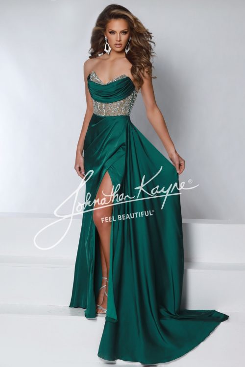 corset, exposed boning, emerald prom dress